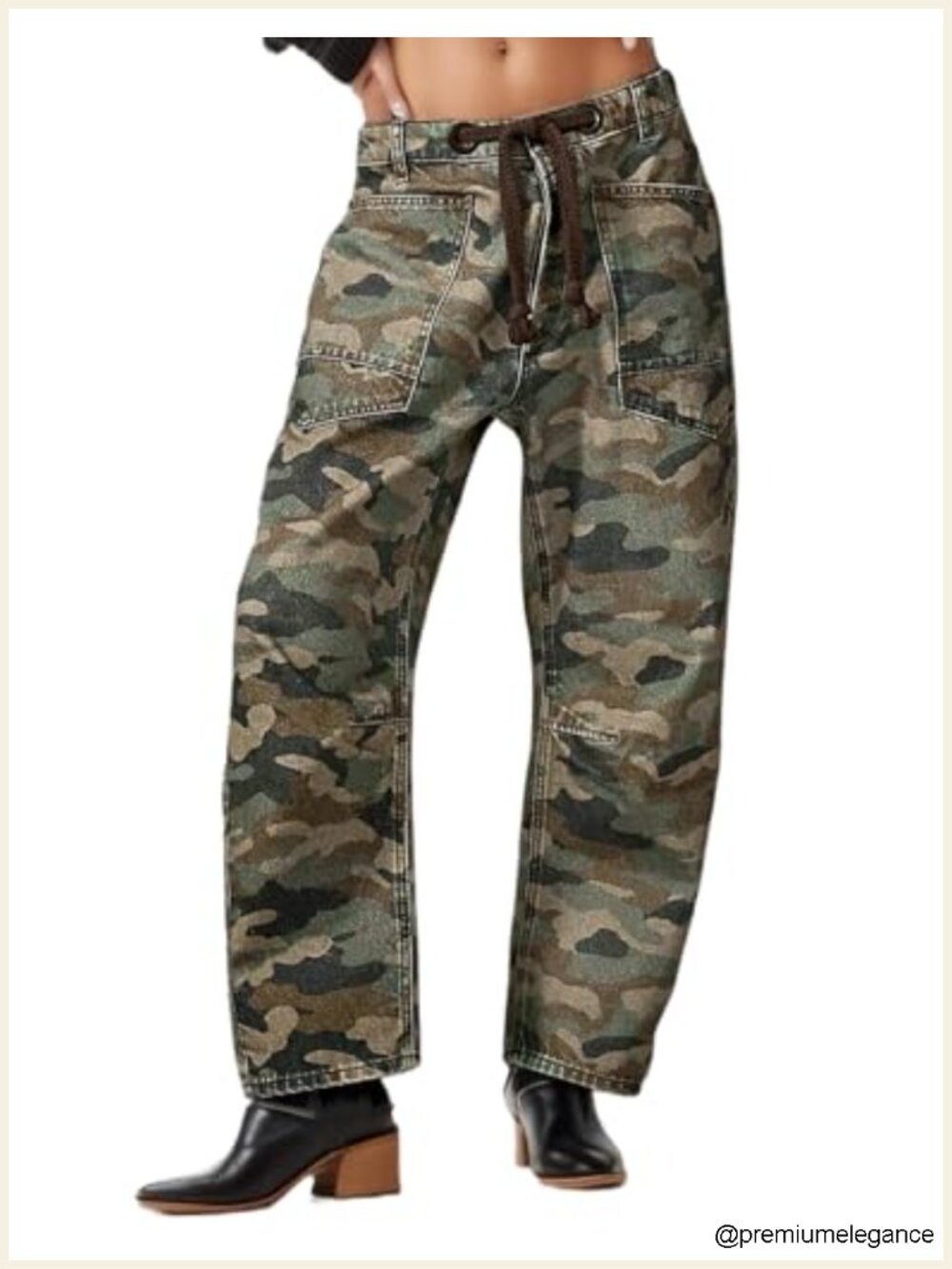 Women's Mid Rise Barrel Jeans Baggy Denim Pants Cargo Drawstring